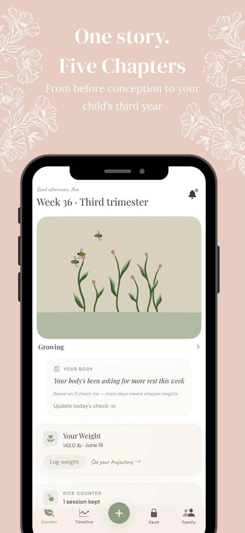 Bloom home screen at week 36 — garden illustration, body check-in, weight, and kick counter
