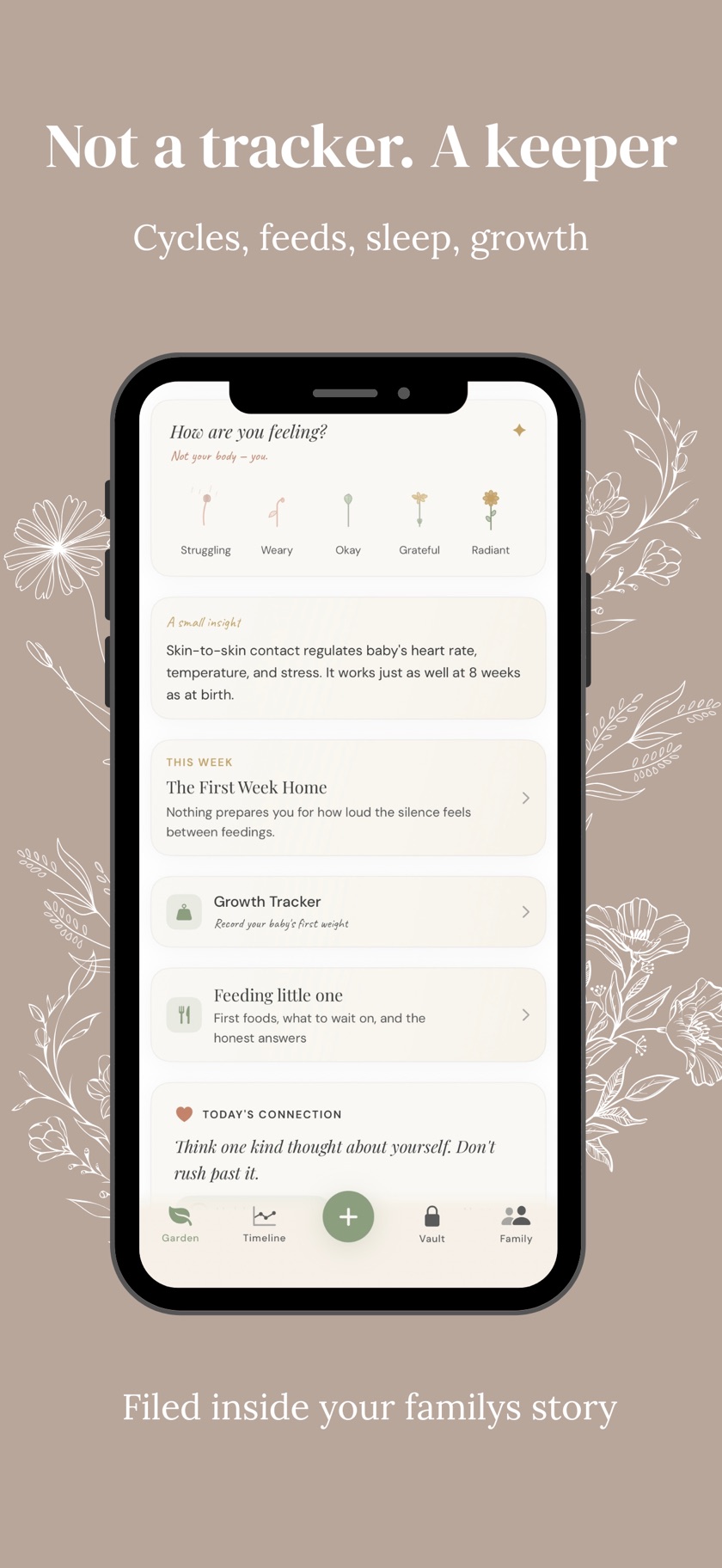 Postpartum home — mood check-in, growth tracker, and feeding guidance