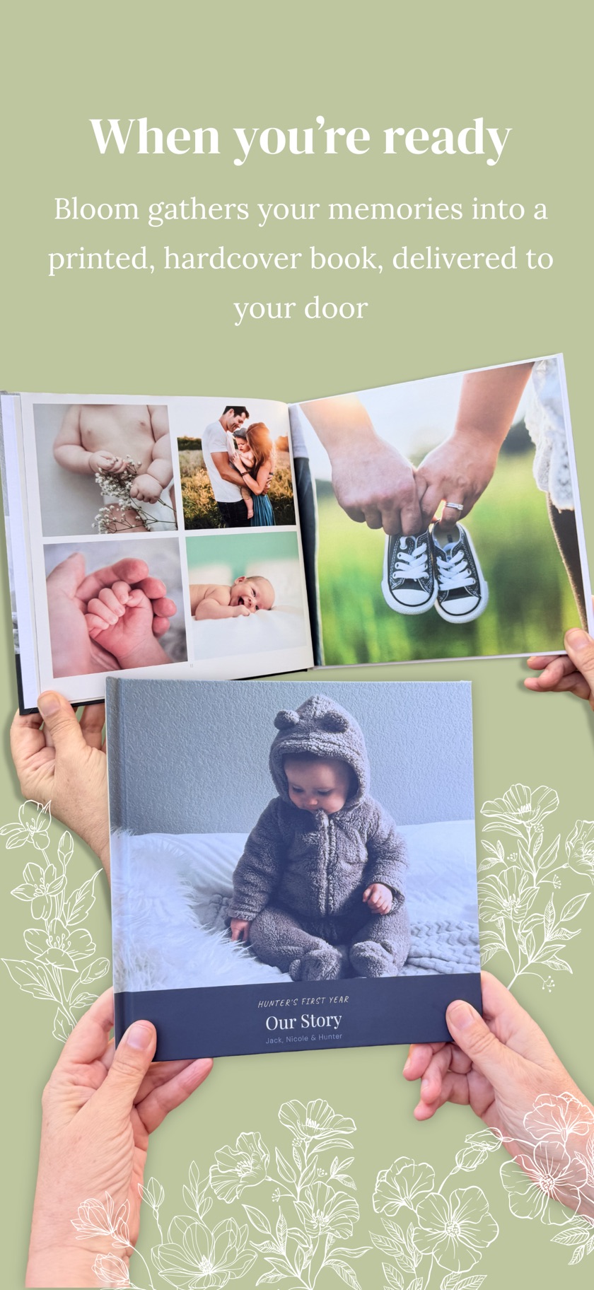 The printed Our Story hardcover book, held open to a spread of family photos